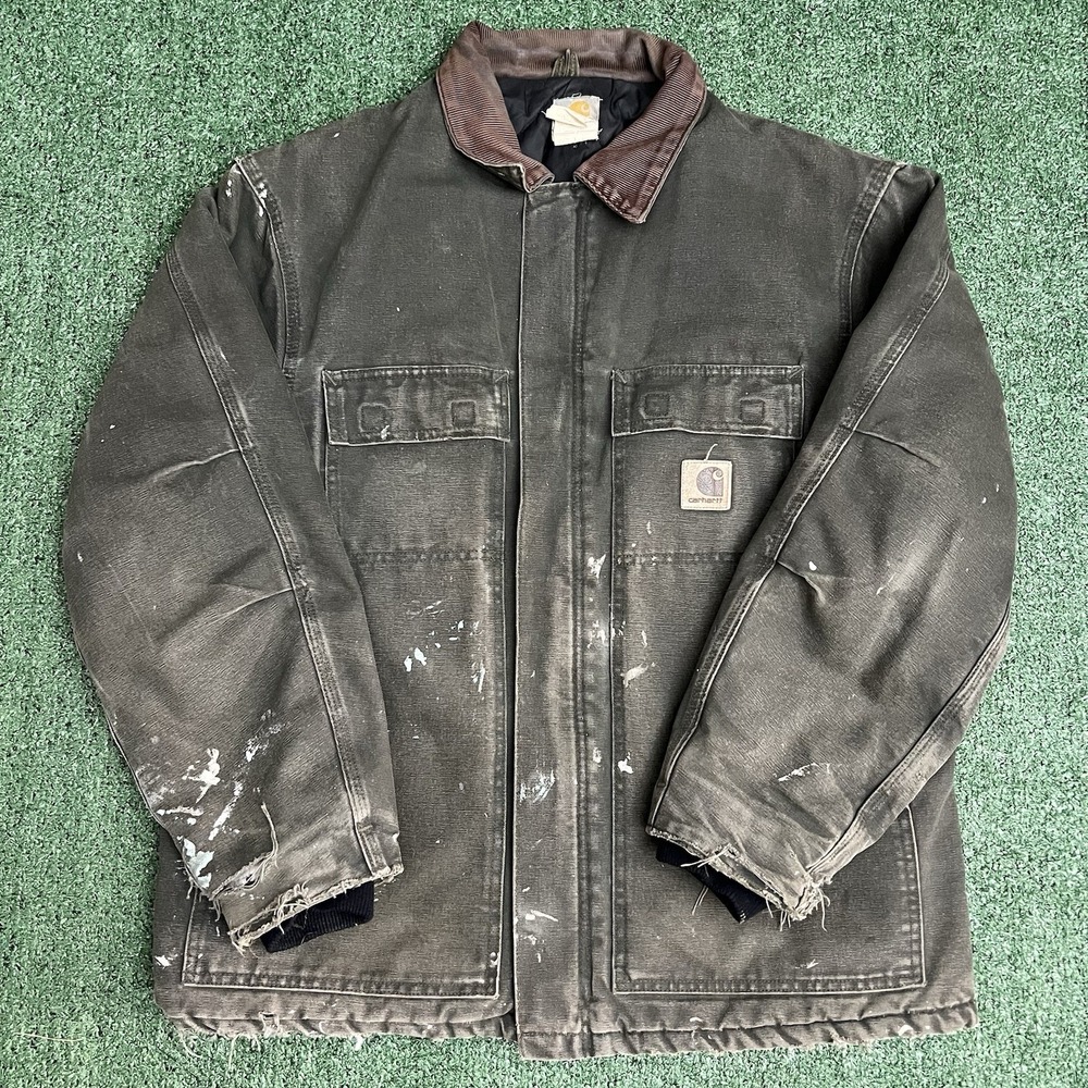 VTG Carhartt Jacket Large Green C26 MOS Distressed Faded Detroit Made in USA